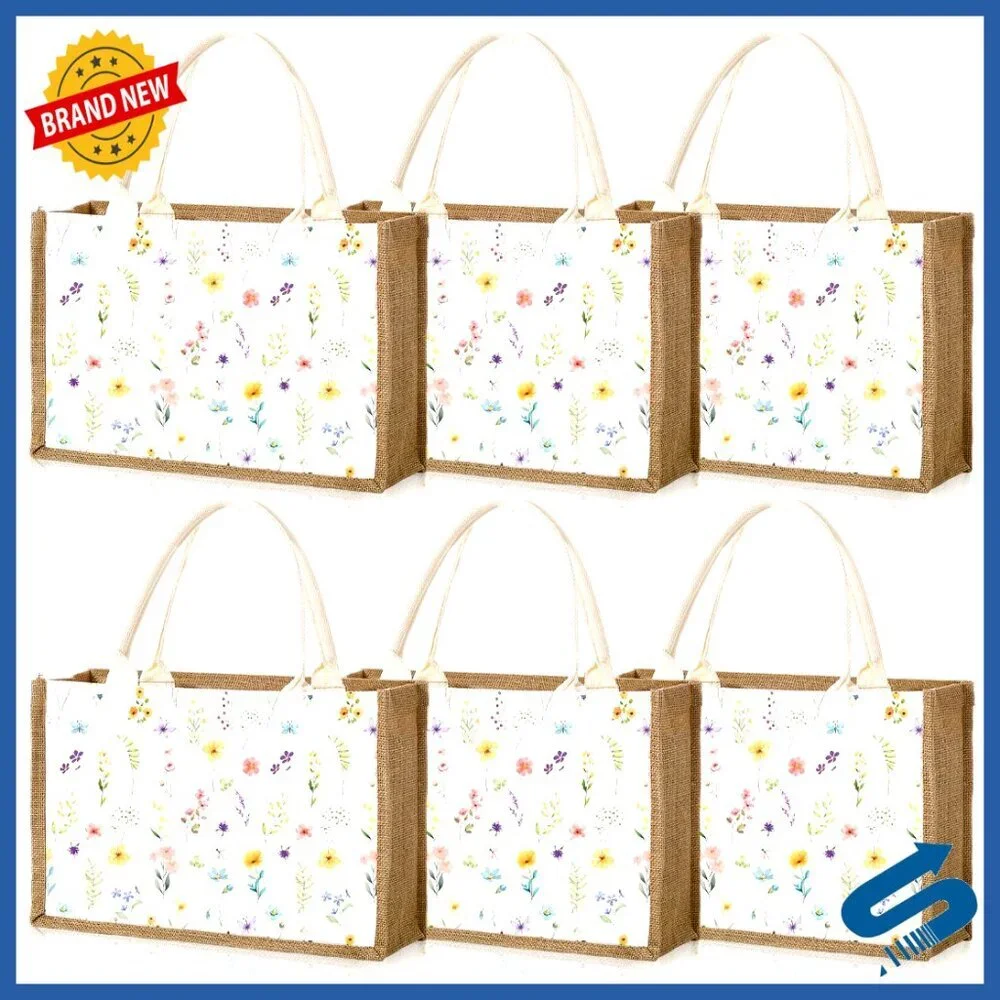 Large Floral Burlap Tote Bags Reusable Grocery Shopping Gift Party Wedding